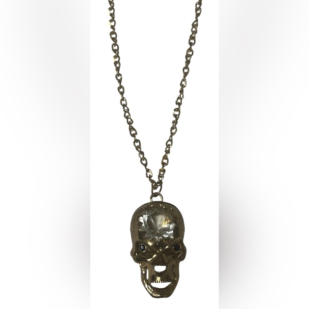 FAUX DIAMOND SKULL NECKLACE GOLD TONE COSTUME JEWELLERY STATEMENT